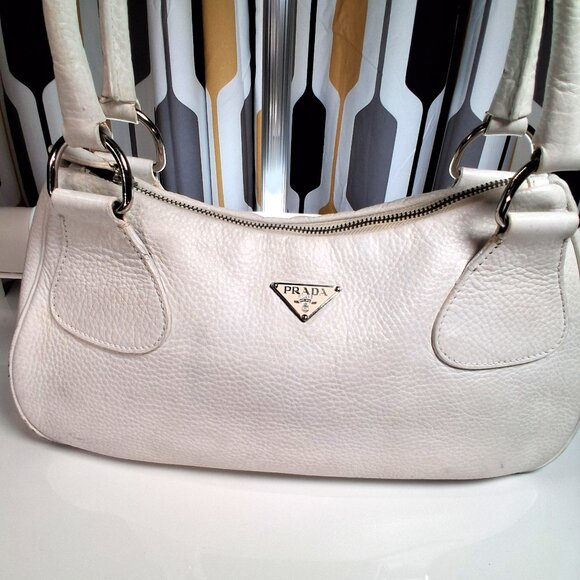 Vintage Prada Hobo Handbag Pebbled White Leather Medium Size - Picture 2 of 14